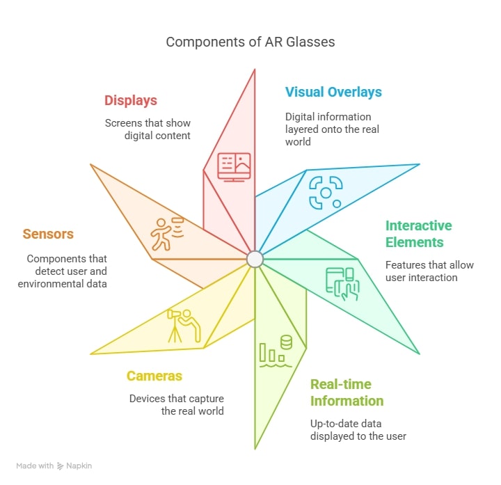 Augmented reality glasses displaying digital overlays and real-time interactive information through wearable smart technology.